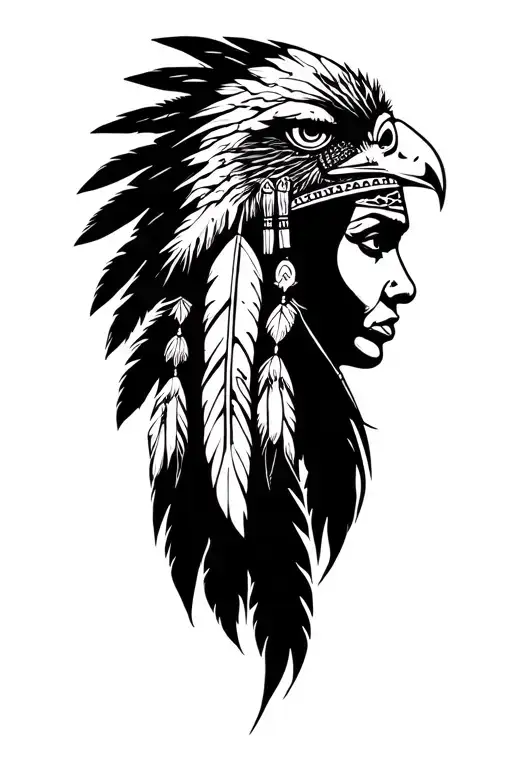 Apache woman with a eagle feather helmet adorned tattoo design idea