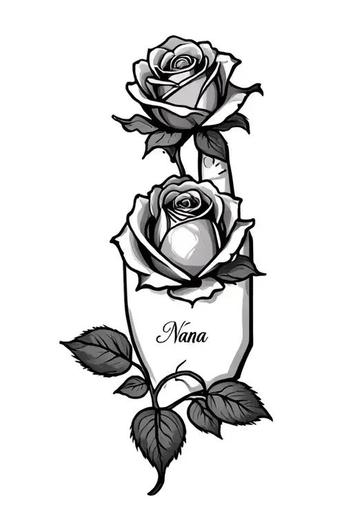 "Nana" "Nana" "Nana" rose with a name through it on the middle finger tattoo tattoo design idea