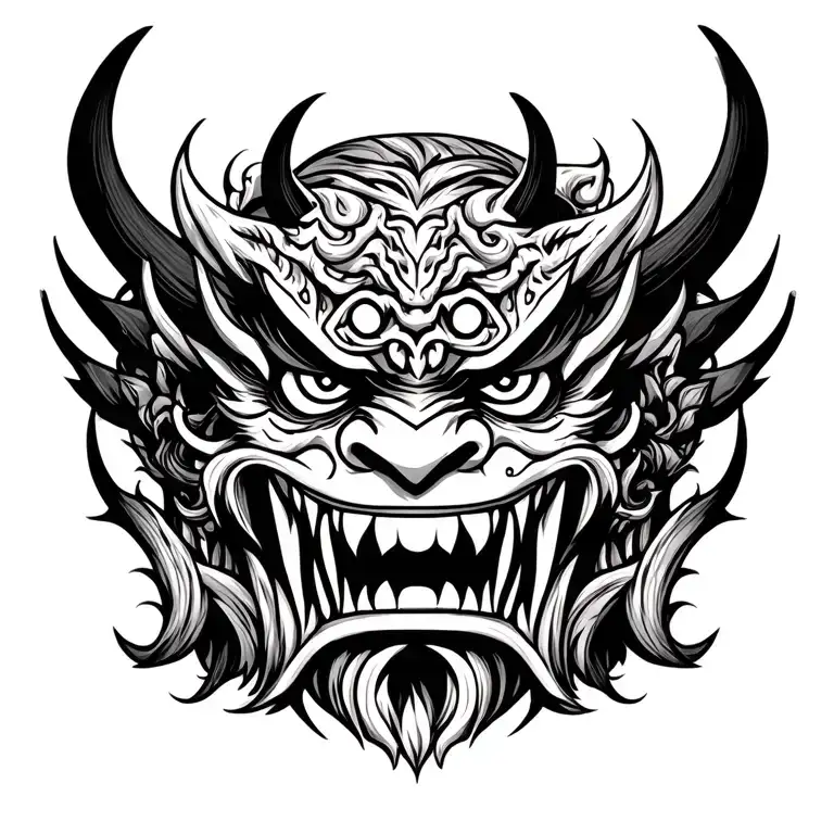 Japanese Oni demon mask, traditional, aggressive, front facing tattoo design idea