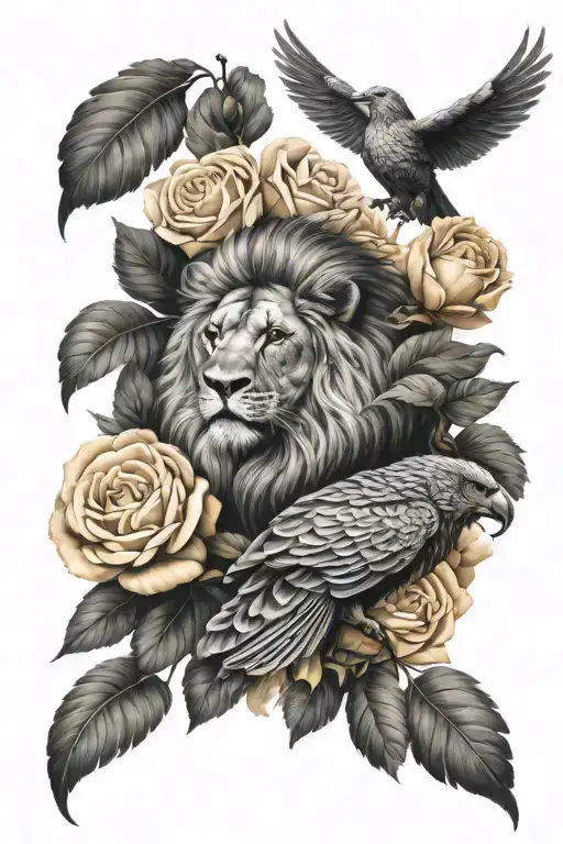 Chrysanthemum, rose and lion, bird feather wing spread tattoo design idea