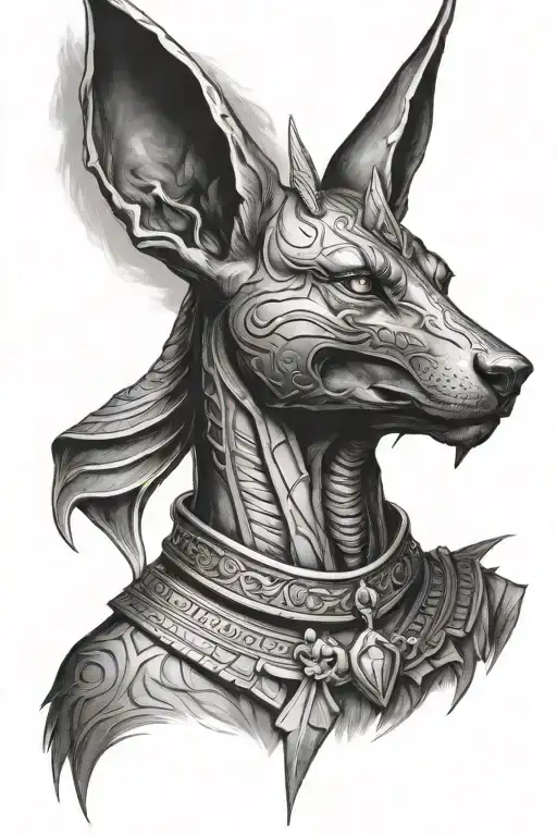 Anubis in ganzer form realistic portrait tattoo design idea