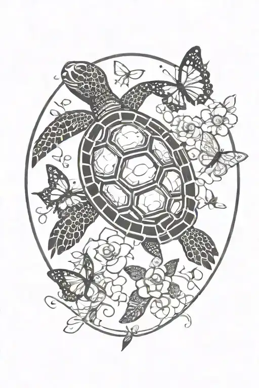 turtle swimming, flowers surrounding, butterflies flying tattoo design idea