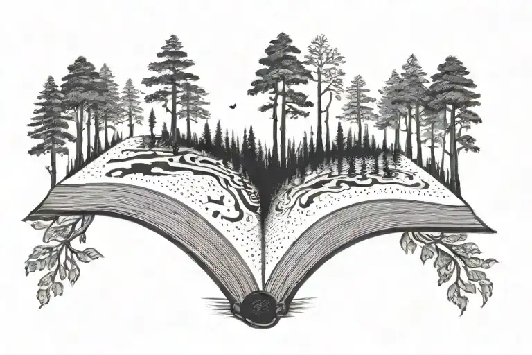 Forest in open  magical book tattoo design idea
