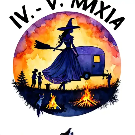 "IV V MMXIV" silhouette of busty sexy witch bride on broomstick over a campsite with a trailer and campfire with children & dog tattoo design idea