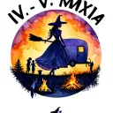 "IV V MMXIV" silhouette of busty sexy witch bride on broomstick over a campsite with a trailer and campfire with children & dog tattoo design idea
