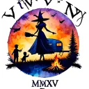 "IV V MMXIV" silhouette of busty sexy witch bride on broomstick over a campsite with a trailer and campfire with children & dog tattoo design idea