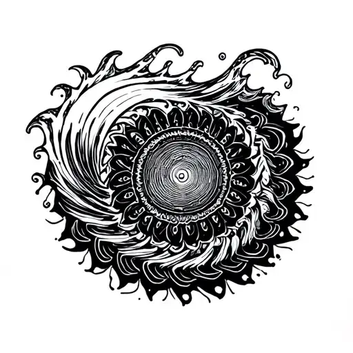 ocean waves transforming into concentric mandala patterns, abstract symmetry, depth and expansion, clean line work tattoo design idea