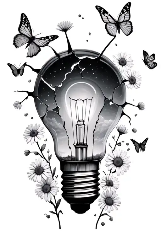 a broken lightbulb w night sky seeping out with flowers like daisies blooming from the cracks and moths and butterflies  tattoo design idea