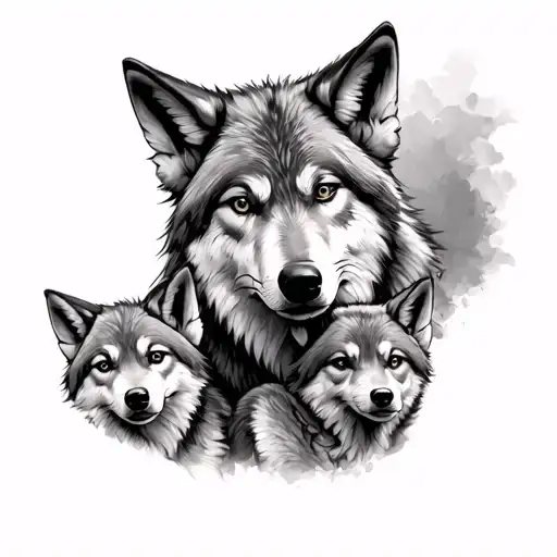 father wolf and 2 wolf cubs tattoo design idea