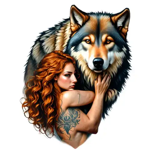 full body alpha wolf protecting a ginger female tattoo design idea