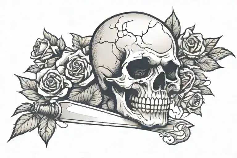 rose skull with a chefs knife in the skull tattoo design idea