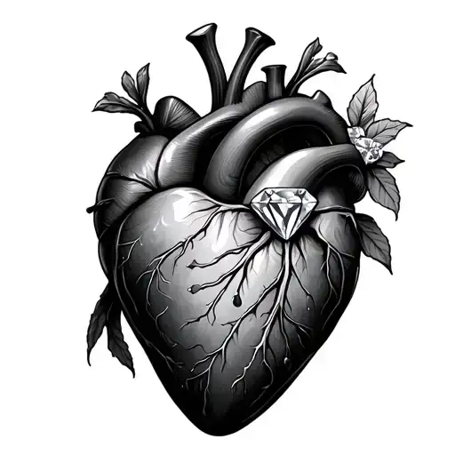 black real heart with diamond inside tattoo design idea