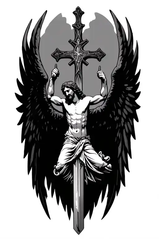 jesus on a sword cross, with black wings and flying no background tattoo design idea