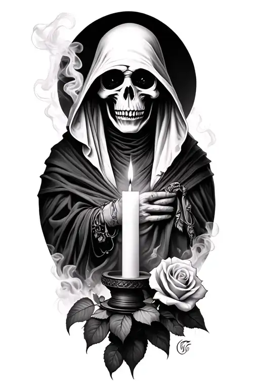 Created an image for a black and white realistic tattoo. I want a grim reaper he with a candle, smoke effects and a rose tattoo design idea