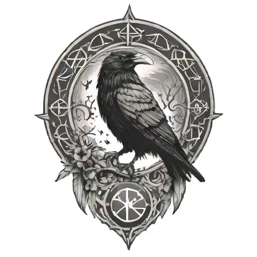 Design a Nordic-style tattoo with a raven above the Gemini sign, surrounded by Nordic runes. Incorporate nature elements tattoo design idea