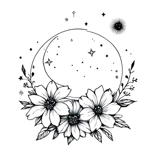 Minimalist flowers, moon, planets, star, abstract, feminine tattoo design idea