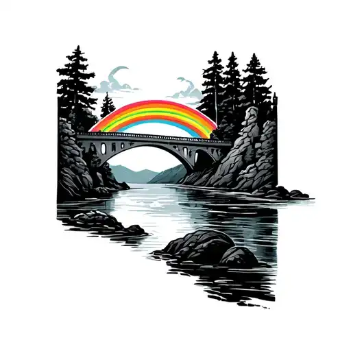 bridge with rainbow river meandering  tattoo design idea