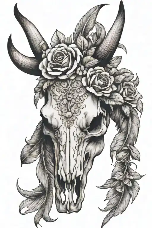 long horn bull skull with flowers and feather boho style tattoo design idea