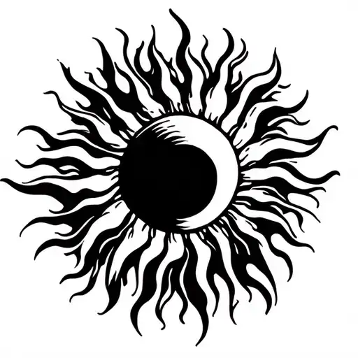 Minimalist line art tattoo of a radiant sun. A perfect circular center with wavy flame-like rays extending outward tattoo design idea