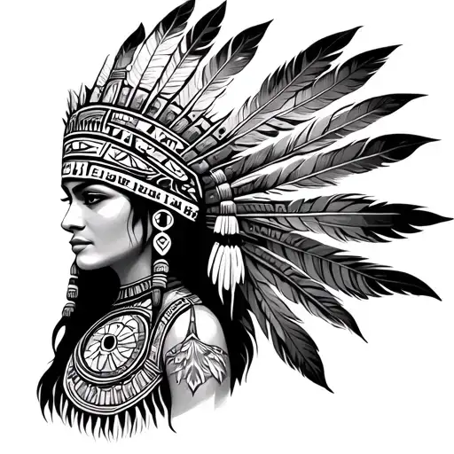 portrait of women Aztec wome. with Aztec calendar and tall feathers on headdress  tattoo design idea