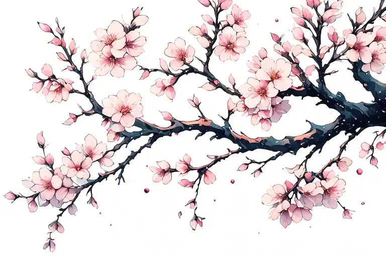 thin and delicate branch with cherry blossoms falling tattoo design idea