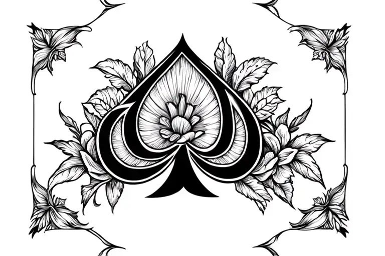 Spade symbol at the centre of a symetrical floral design for womans chest tattoo design idea