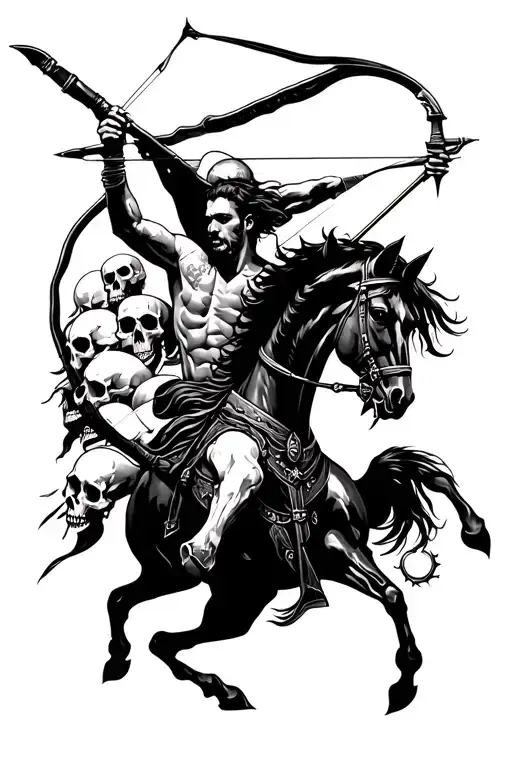 man Sagittarius half horse archer shooting and skulls all around it tattoo design idea