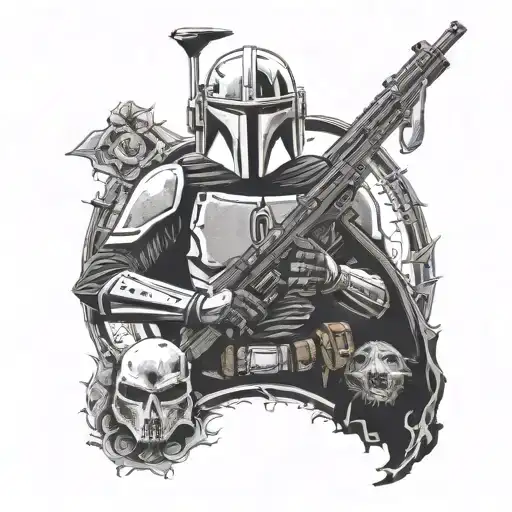 mandalorian surrounded by guns tattoo design idea