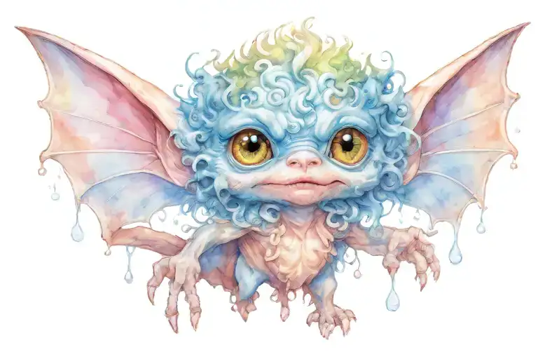 cute gremlin curly hair blue eyes looking standing upright  tattoo design idea