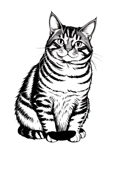 fat tabby cat sitting back from you then looking upper-left with minimal rain background tattoo design idea