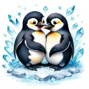 two penguins cuddling together . crystals and or rocks added . watercolour background.  tattoo design idea