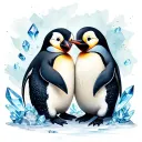 two penguins cuddling together . crystals and or rocks added . watercolour background.  tattoo design idea
