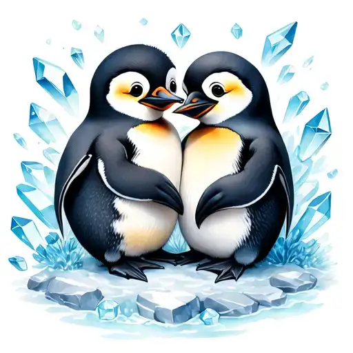 two penguins cuddling together . crystals and or rocks added . watercolour background.  tattoo design idea