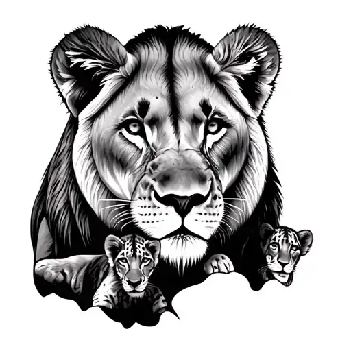 Lioness protecting 2 cubs tattoo design idea