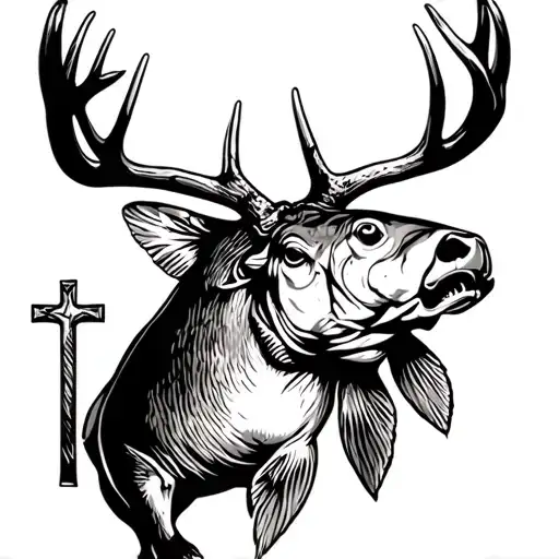 Big Buck with large rack with big bass fish, fishing rod and christian cross tattoo design idea