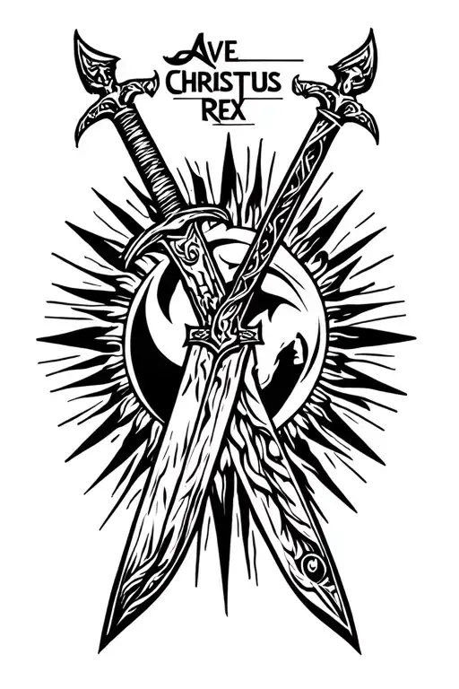 "Ave Christus Rex" jesus sword sun moon tattoo design idea