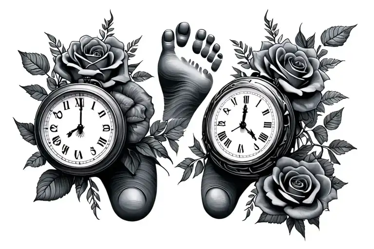 two foot prints and roses and two clocks all in one  tattoo design idea
