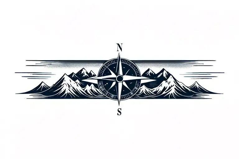 compass with band made of mountains and crashing waves tattoo design idea