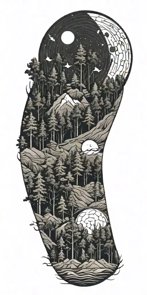 massive forest landscape with huge moon in the background  tattoo design idea