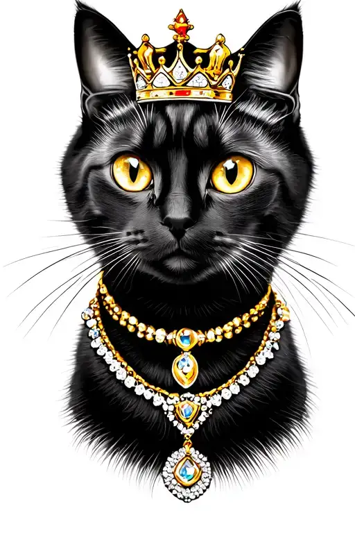 manx cat with princess crown wearing jewellery and gold tattoo design idea