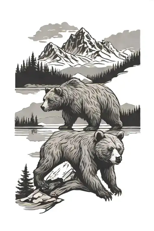 bear in a forest by a lake surrounded by mountains tattoo design idea