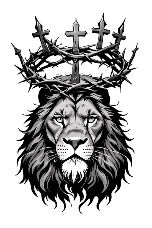 lion wearing crown of thorns with crosses in eye inside tattoo design idea