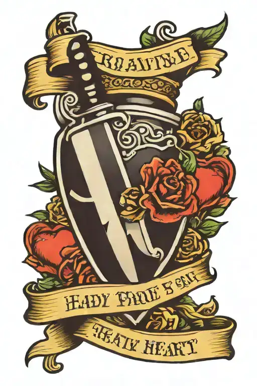 Knife behind heart that has a banner with names incorporated tattoo design idea