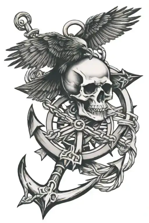 skull crow anchor compass rose intertwined tattoo design idea