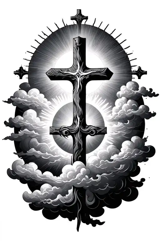 3 Crosses with clouds around and the sun tattoo design idea