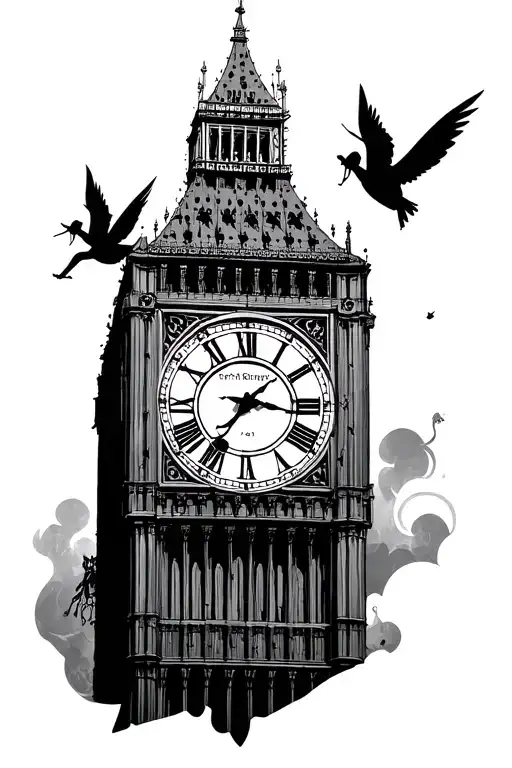 big ben clock face with Peter Pan flying tattoo design idea