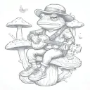toad wearing sneakers and a leather jacket while sitting on a mushroom and playing a banjo tattoo design idea