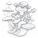 toad wearing sneakers and a leather jacket while sitting on a mushroom and playing a banjo tattoo design idea