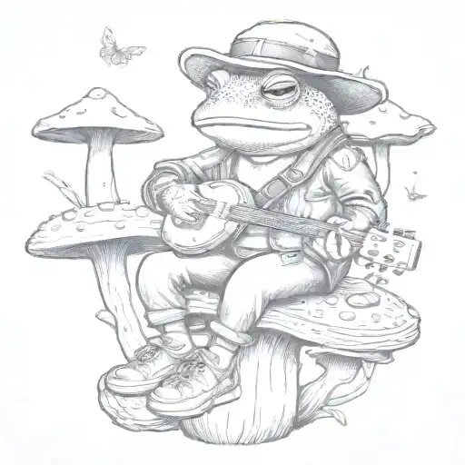 toad wearing sneakers and a leather jacket while sitting on a mushroom and playing a banjo tattoo design idea