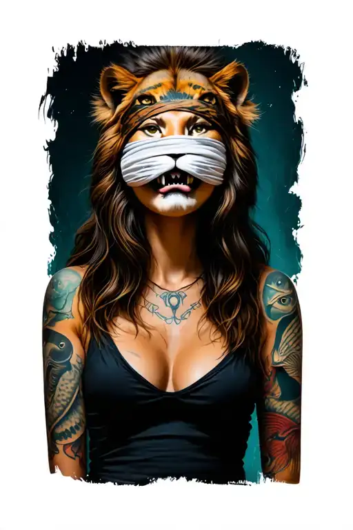 girl blindfolded with three tooth with lion head wearing and fish symbool on arm tatoo  tattoo design idea